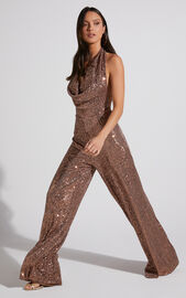 Julien Jumpsuit - Backless Wide Leg Cowl Neck Sequin Jumpsuit in Bronze ...