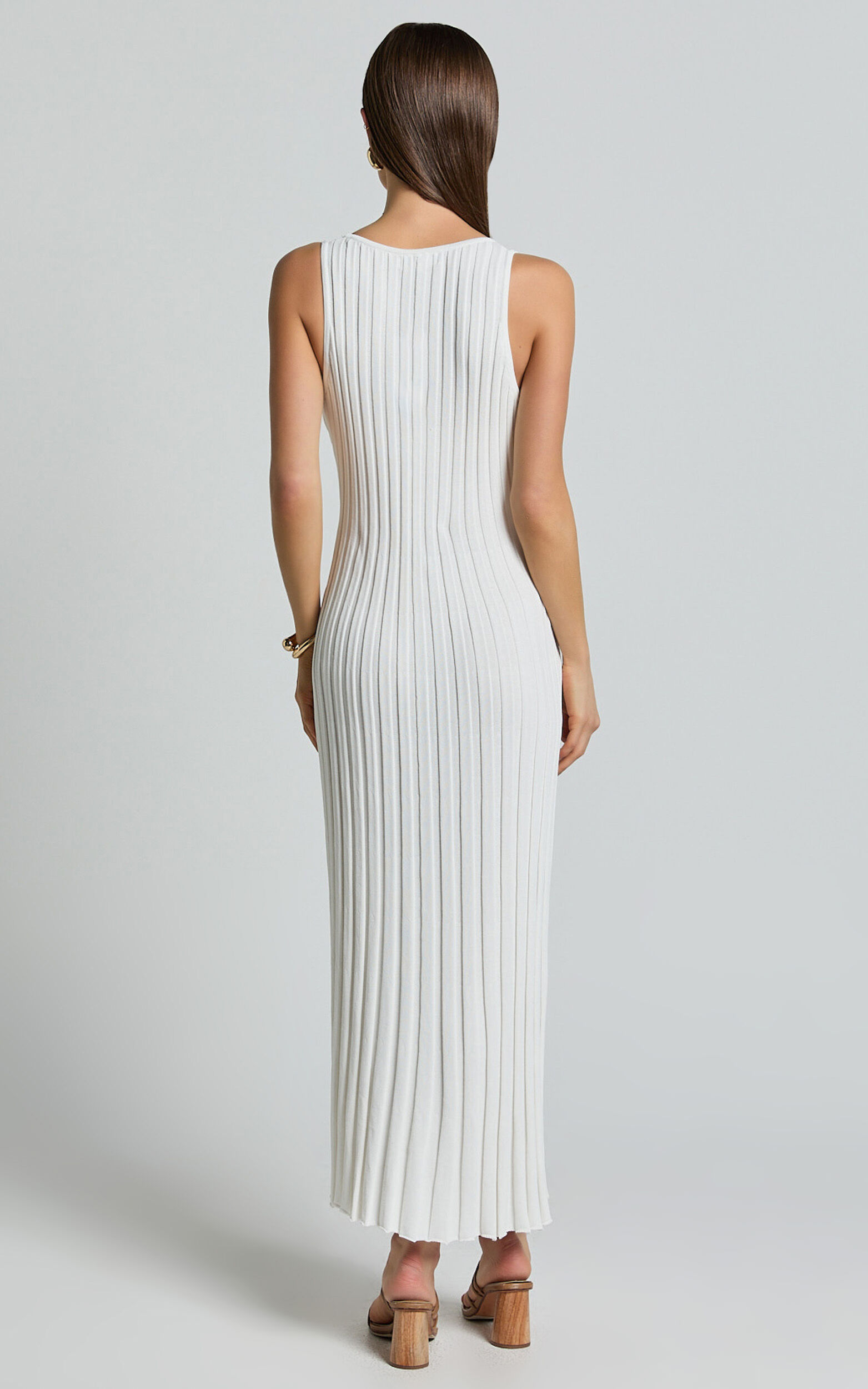 Maya Midi Knit Dress - Sleeveless V Neck Knited Dress in White | Showpo