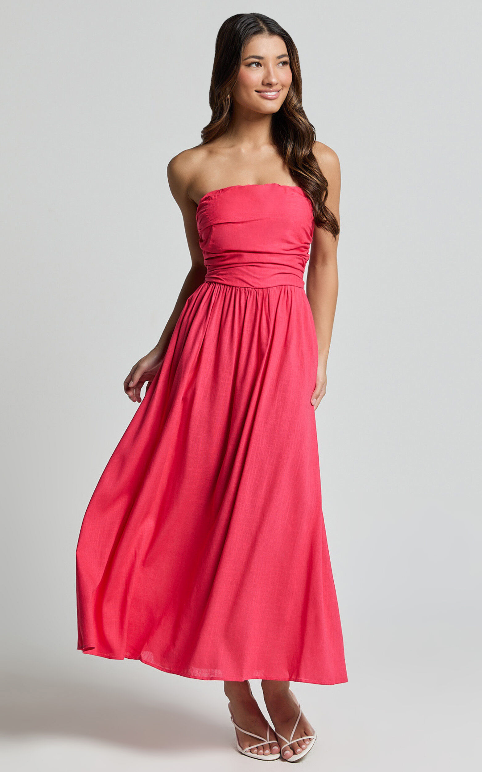 Polly Midi Dress - Strapless Ruched Dress in Lipstick Pink - 06, PNK1