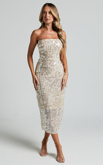 Stacey Midi Dress- Strapless Sequin Dress in Champagne