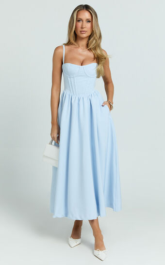 Nadine Midi Dress Bustier Corset Waist Gathered Full Skirt in Baby Blue