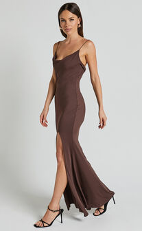 Tasteful Midi Dress - Cowl Neck Bodycon Thigh Split Dress in Dark Chocolate