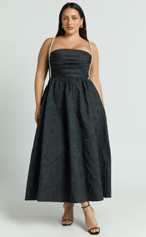 Alvia Midi Dress - Diamante Strap Ruched Straight Neck Dress in Black