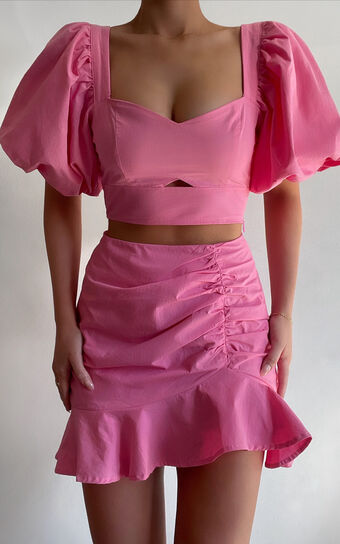 Astarte Two Piece Set - Puff Sleeve Crop Top and Ruched Mini Skirt Set in Bubblegum Pink