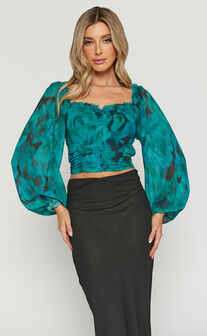 Clabelle Top - Long Sleeve Ruched Sweetheart Top in Emerald Blur Floral
