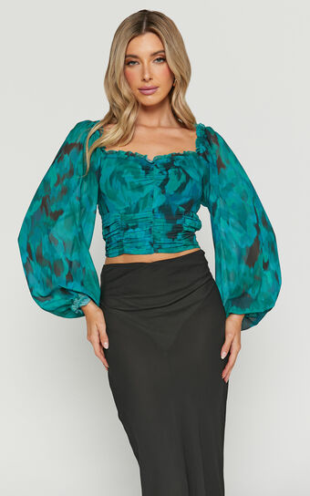 Clabelle Top  Long Sleeve Ruched Sweetheart in Emerald Blur Floral