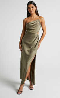 Juliet Midi Dress - V Neck Lace Insert Satin Slip Dress in Olive