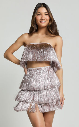 Peggy Two Piece Set - Fringe Strapless Top and Mini Skirt Set in Pink