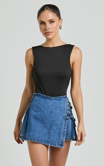 Ronnie Skort - Mid Waist Lace Up Denim Skort in Dark Blue Wash