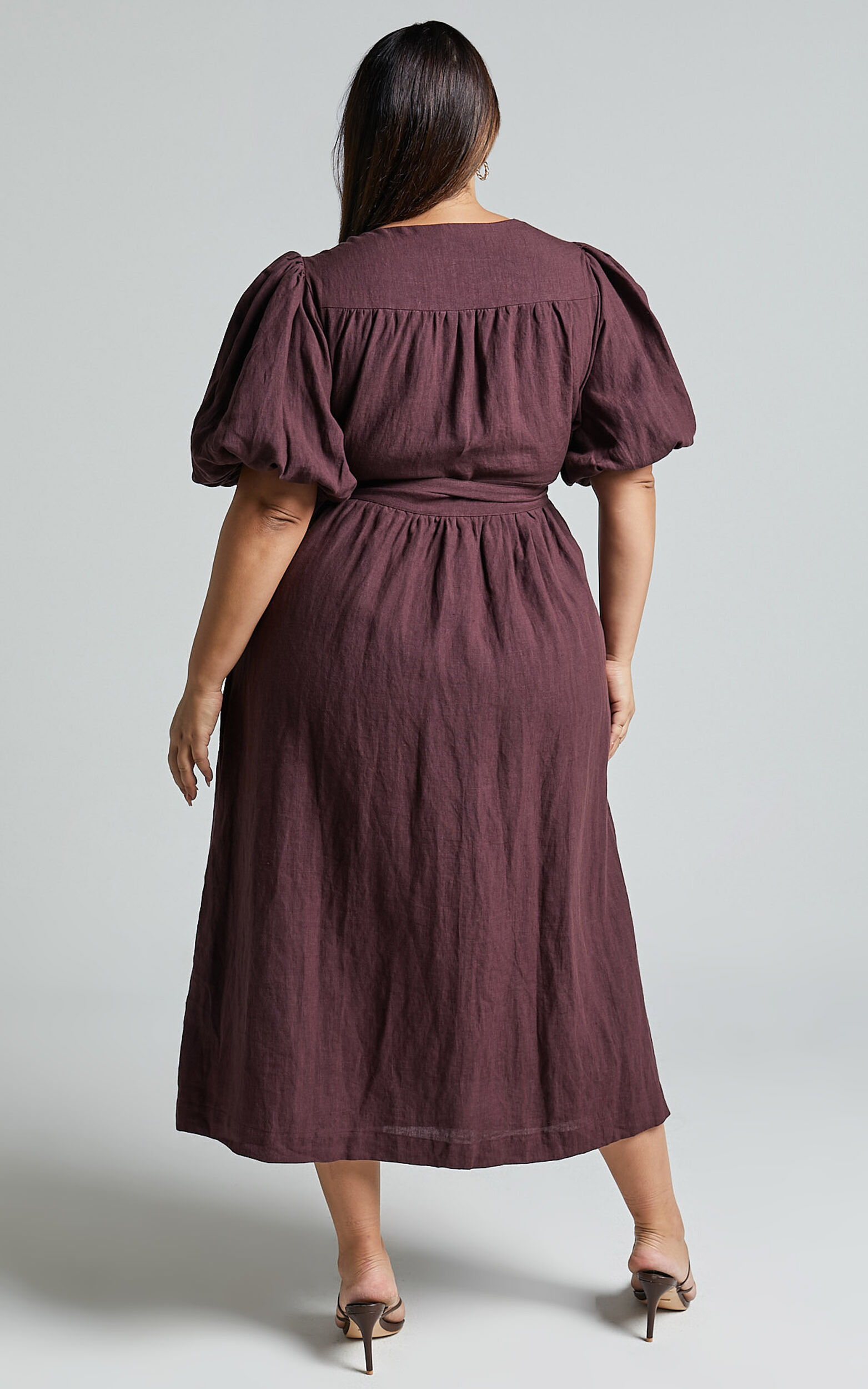 Amalie The Label - Franc Linen Puff Sleeve Wrap Midi Dress in Dark Plum ...