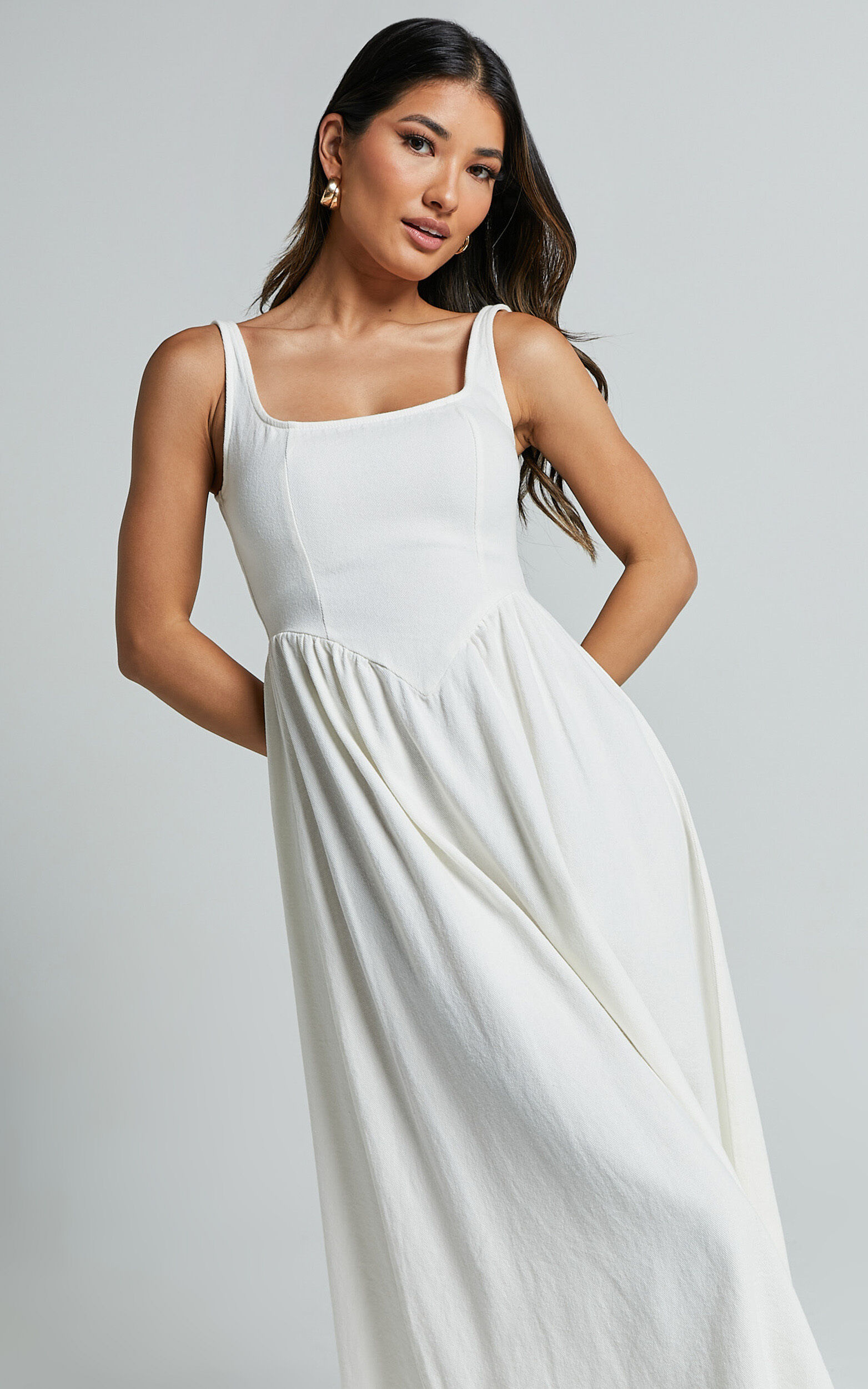 Rhaziya Midi Dress Sleeveless Straight Neck Fit and Flare Dress in White Showpo NZ