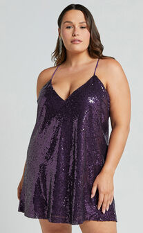 Delilaah Mini Dress - Strappy V Neck Slip Sequin Dress in Purple Sequins