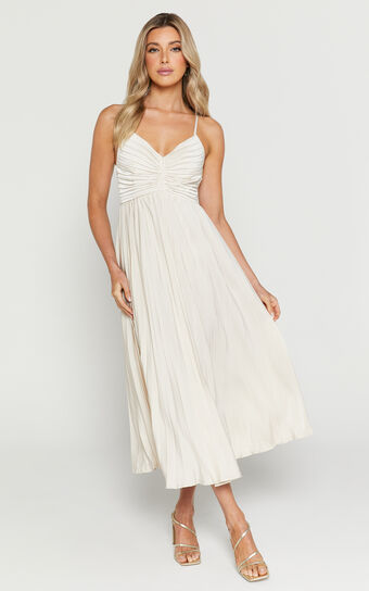 Zayla Midi Dress - Plisse Twist Front Dress in Oyster