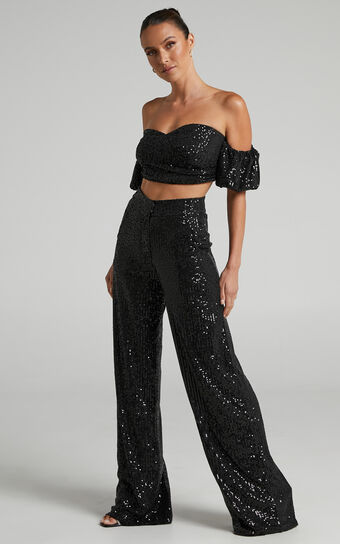 Chezzale Two Piece Set - Sequin Puff Sleeve Top and Wide Leg Pants Set in Black