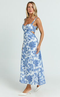 Jackleyn Midi Dress - Sweetheart A Line Dress in Blue Floral