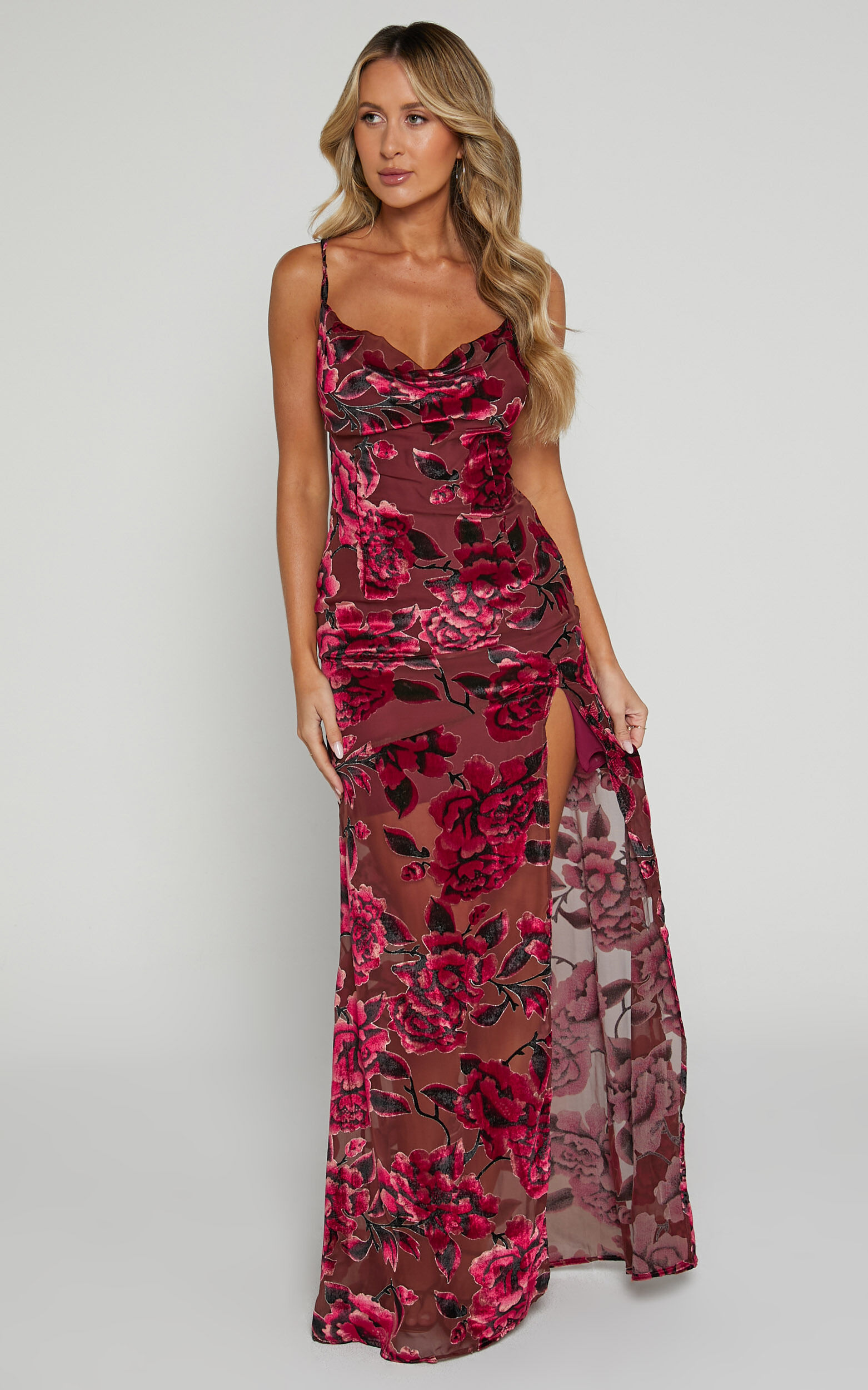 Aletta Maxi Dress Cowl Cross Back Dress in Wine Floral