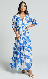 Cynthia Midi Dress - V Neck Puff Sleeve Tiered Dress in Blue and White Print