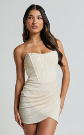 Akhira Mini Dress - Corset Detail Strapless Sequin Dress in Off White ...