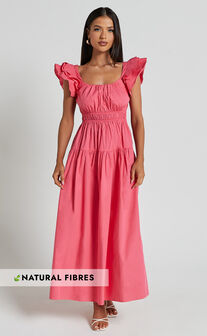 Arlene Midi Dress - Square Neck Shoulder Frill Tiered Dress in Berry