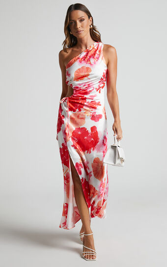 Leanora Maxi Dress - Side Cut Out One Shoulder Satin Dress in White Floral