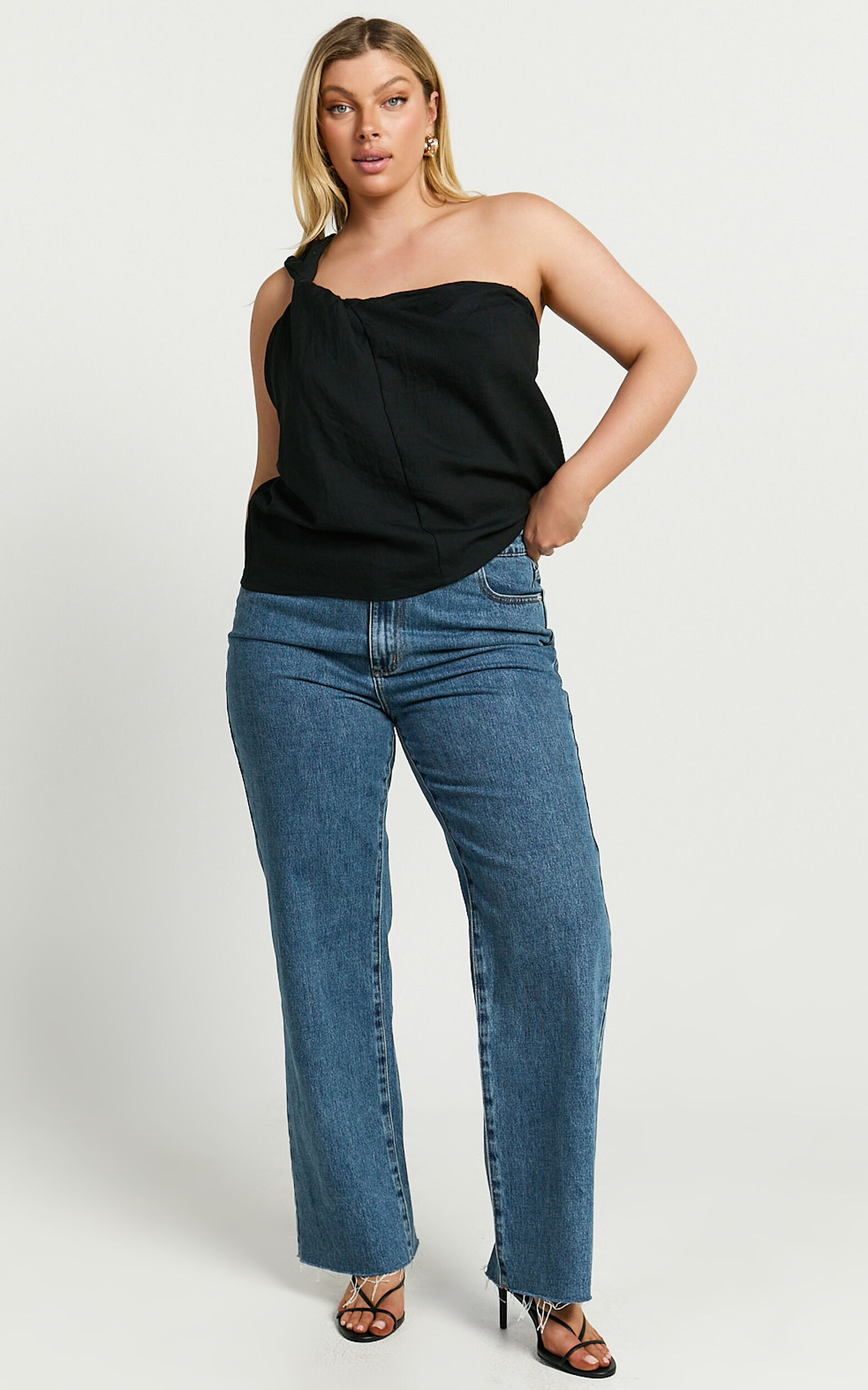 Bobbi Top - Linen Look Knot Detail One Shoulder Top in Black | Showpo USA