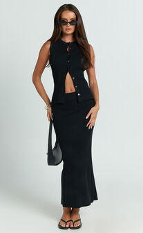 Halle Midi Skirt - High Waist Bodycon Knit Midi Skirt in Black