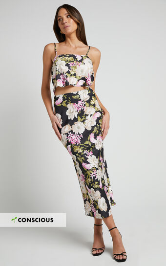 Alex Two Piece Set - Cami Top and Slip Midi Skirt Set in Midnight Floral
