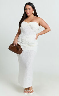 Francine Midi Dress - Strapless Twist Sheer Textured Jersey Dress in Cream