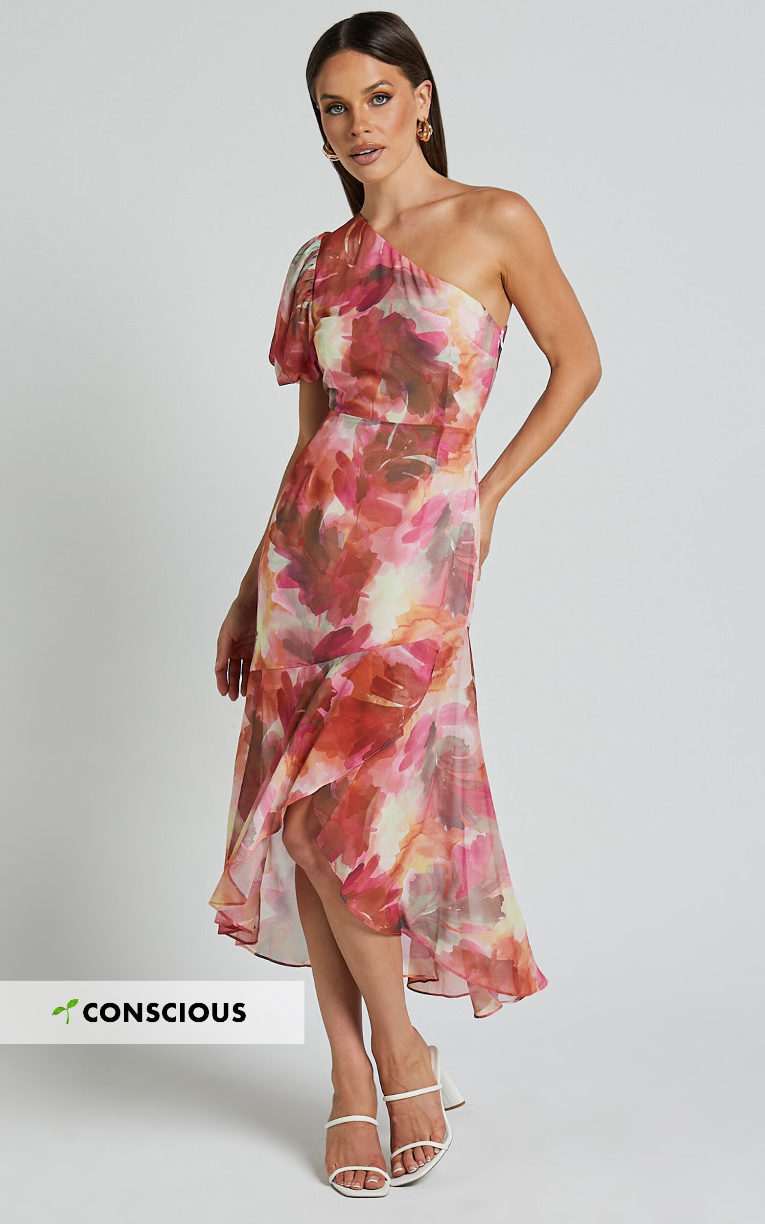 Labelle Midi Dress - Recycled Polyester One Shoulder Asymmetric Dress in Haze Floral - 06, WHT1