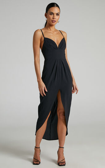 Fenella Midi Dress - Sweetheart Drape Front Dress in Black