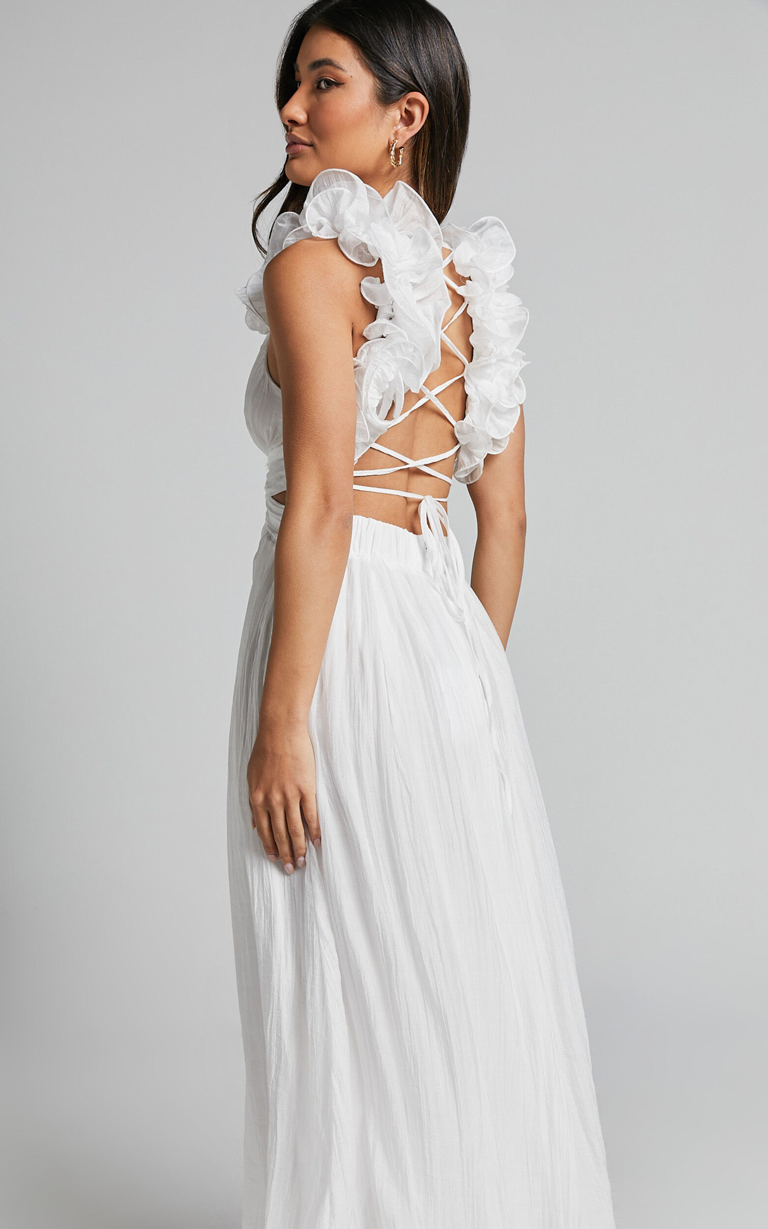 Marielly Maxi Dress Side Cut Out V Neck Ruffle Detail Sleeve Dress in White Showpo USA