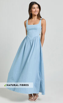 Rhaziya Midi Dress - Sleeveless Straight Neck Fit and Flare Dress in Blue