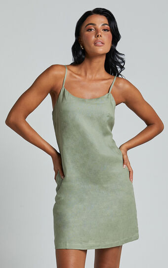 Hajja Mini Dress Strappy Scoop Linen Look in Sage  Australia