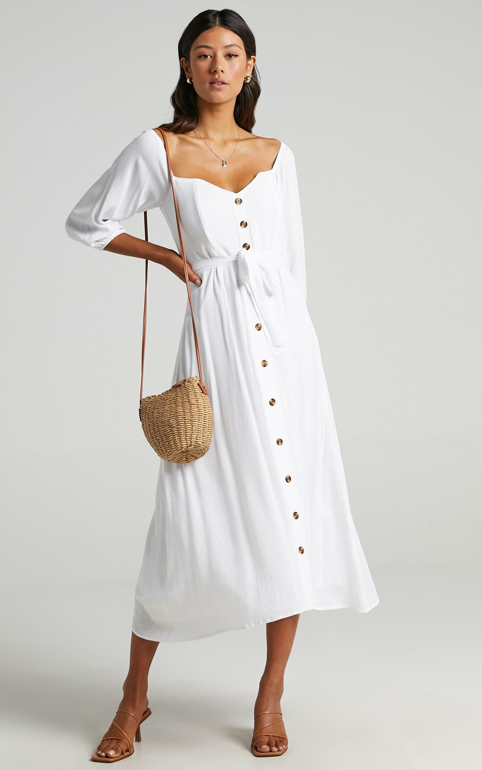Sorrento Dreaming Midi Dress - Off Shoulder Sleeve Button Through Dress in White Linen Look - 04, WHT5
