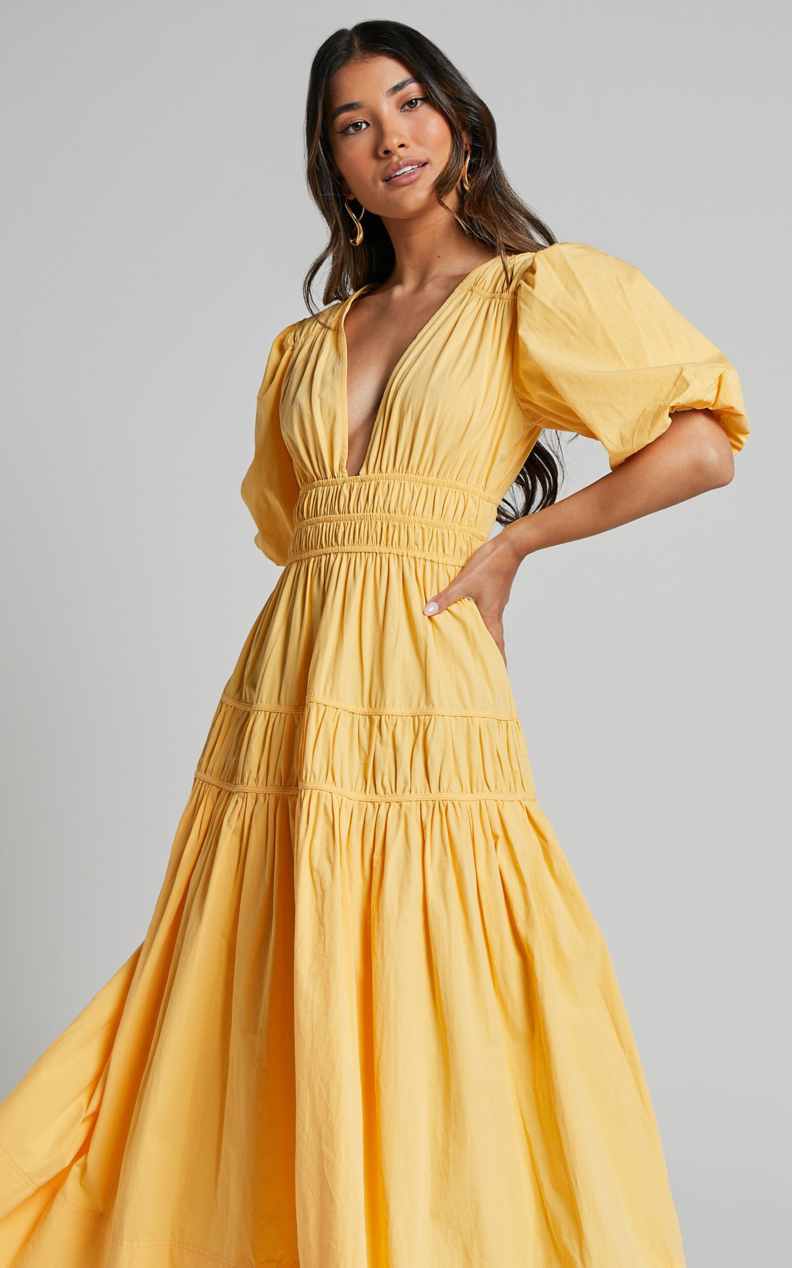 Mellie Midi Dress Puff Sleeve Plunge Tiered Dress in Pineapple Showpo USA