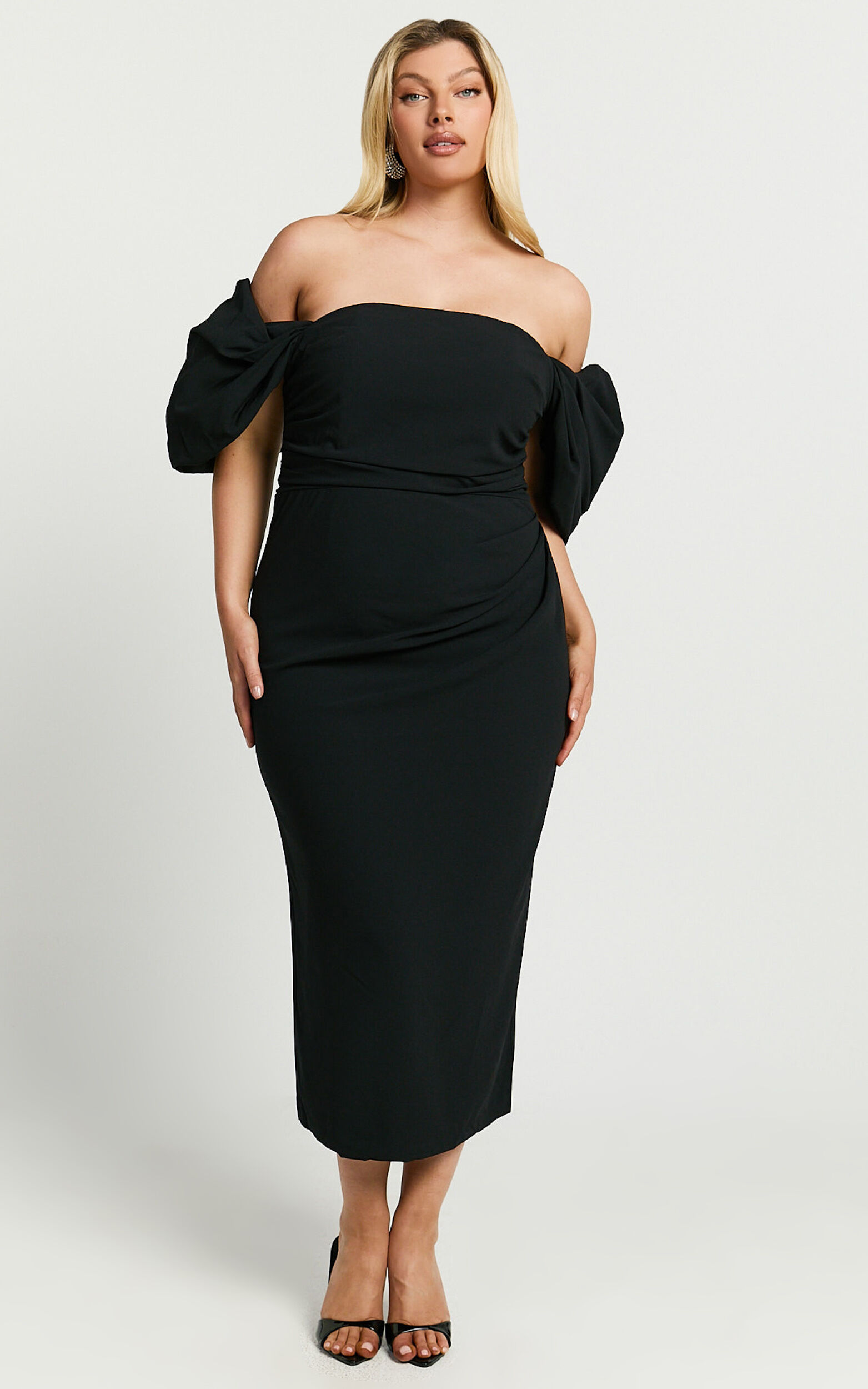 Lohan Midi Dress Off Shoulder Puff Sleeve in Black Showpo