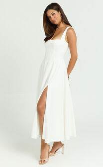 Bernie Midi Dress - Square Neck Strapped Full Circle Skirt Dress in White