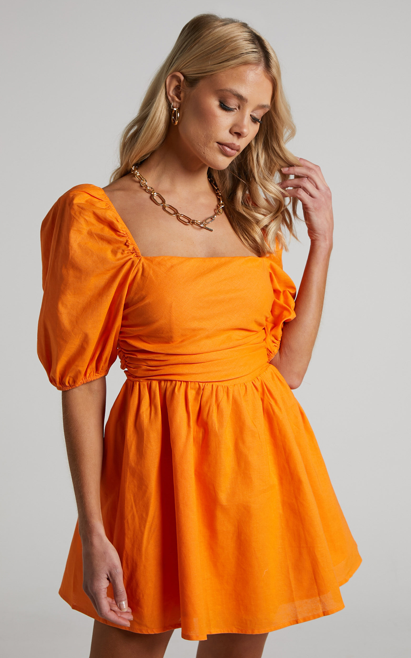 Claudina Mini Dress - Linen Look Puff Sleeve Ruched Bodice Dress in Bright Orange - 04, ORG2