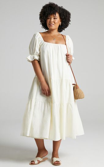 Zaharrah Midi Dress - Tiered Dress in Cream Linen Look