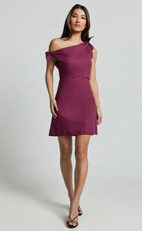 Jeofina Mini Dress - Off The Shoulder Linen Look Dress in Merlot