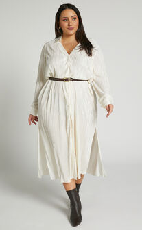 Donelli Midi Dress - Plisse Oversized Collared Shirt Dress in Cream