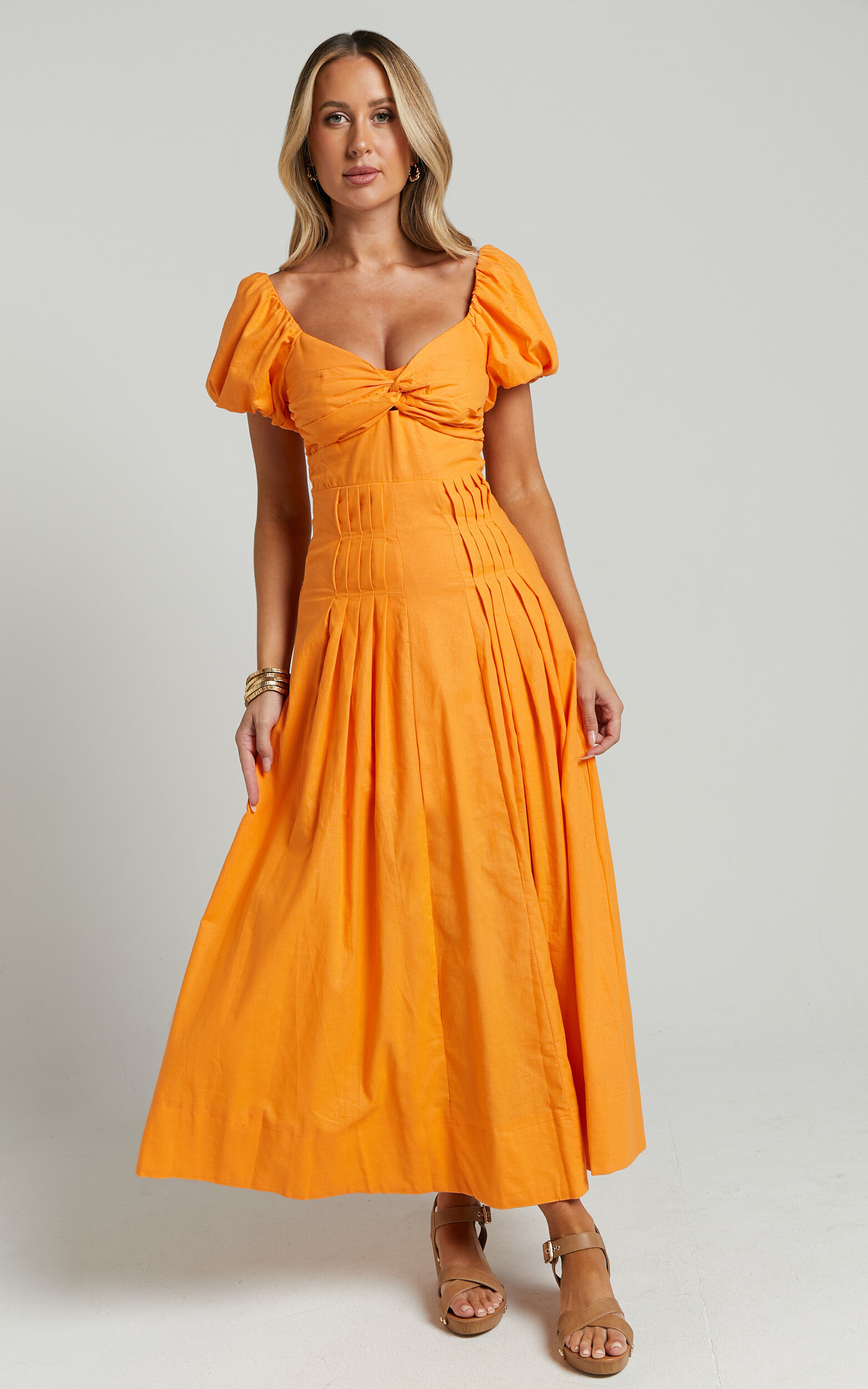 Viviana Midi Dress Sweetheart Puff Short Sleeve Dress in Orange