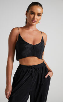 Elowen Two Piece Set - Plisse Crop Top and Relaxed Wide Leg Pants Set in Black
