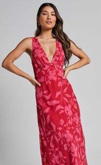 Welmina Midi Dress - Plunge Neck Sleeveless Slip in Havana Silhouette floral
