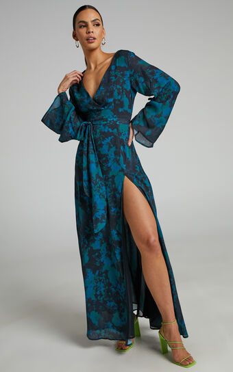 Mirski Midi Dress - Tie Waist Flared Sleeve Dress in Jewel Blur