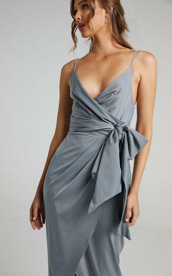 How Will I Know Midi Dress - Wrap Waist Tie Tulip Hem Dress in Dusty Blue