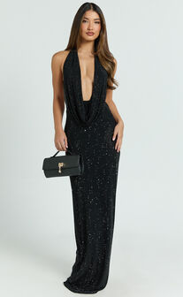 Felix Maxi Dress - Low Cowl Neck Bodycon Tie Back Dress in Black