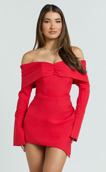 Cyrus Mini Dress - Off Shoulder Long Sleeve Fit And Flare Dress in Cherry