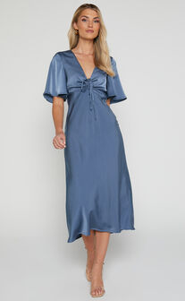 Nicholla Midi Dress - Ruched Front Angel Sleeve Slip Dress in Steel Blue