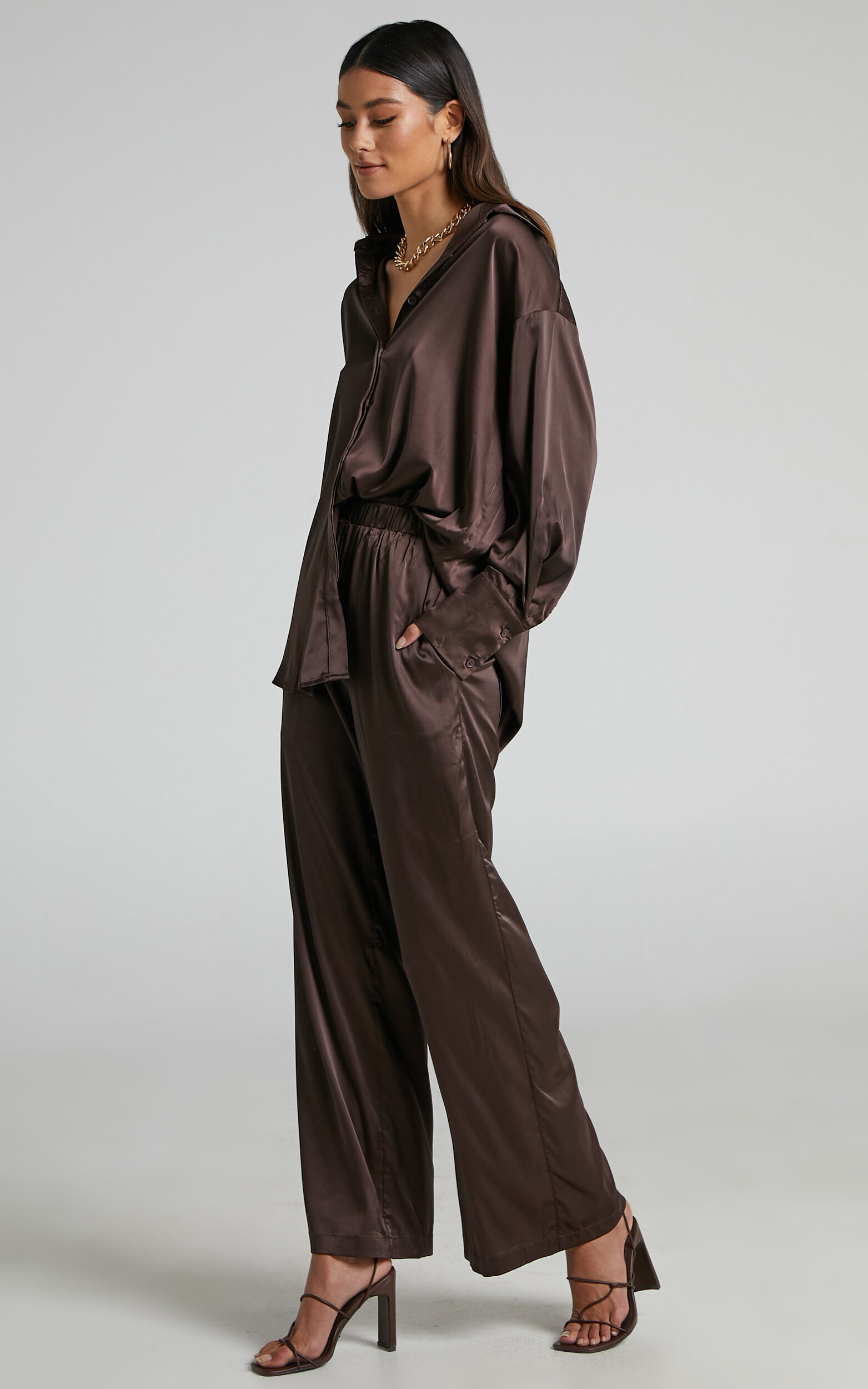Trianna Two Piece Set Oversized Satin Shirt and Wide Leg Pants in Chocolate Showpo USA